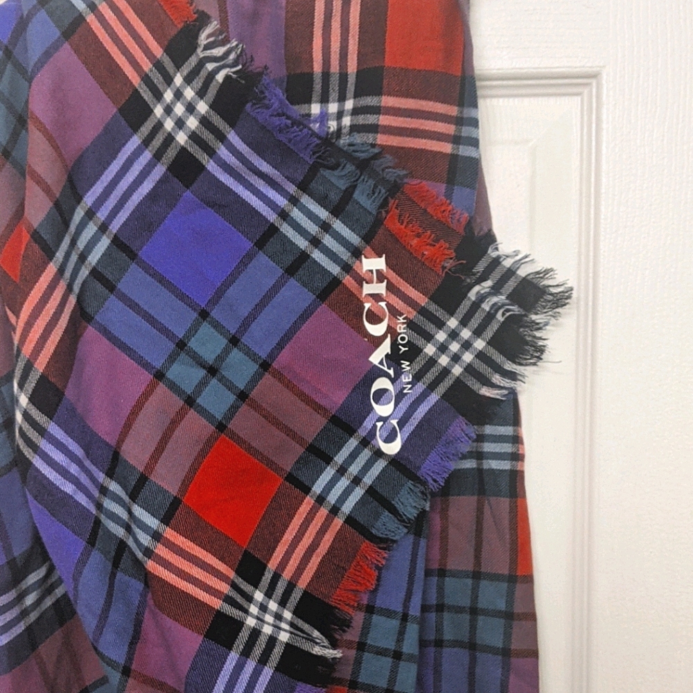 Red and purple plaid COACH wool blanket scarf NWT
